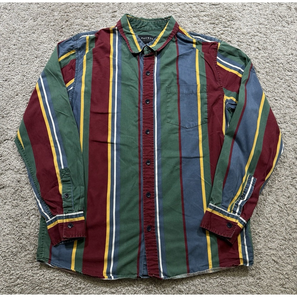 Pacsun Men's Striped Button-Up Long Sleeve Shirt 90s Retro Urban‎ Colorblock M